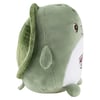 A green and white plush turtle toy is shown from the side, featuring a soft shell, round body, small flippers, and embroidered facial details.