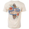 Back of a beige T-shirt featuring Ron Jon Surf Shop and Clearwater Beach text with a surfboard and floral design.