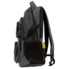 Side view of a dark gray backpack with black mesh side pocket, front compartments, adjustable straps, and a yellow tag labeled Hidden Secret Pocket.