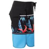 Mens board shorts with black waistband, side pocket, tropical floral print featuring red and blue leaves, and light blue lower section.