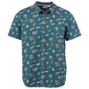 Short-sleeved button-up shirt with a teal background, featuring colorful tropical-themed icons like palm trees, guitars, fish, and suns.