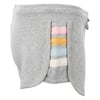 Gray shorts featuring a side cut-out with multicolored fabric strips: pink, orange, blue, and white.