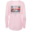 Light pink long-sleeve shirt featuring a graphic of flamingos, palm trees, and water with the text Greetings from Ron Jon Surf Shop Florida on the back.