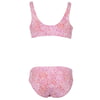 Front and back view of a kids bikini set with a red and pink abstract dot pattern on a white background.