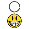 Yellow smiling face keychain with the words RON JON in bold white letters on the mouth area.