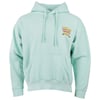 Light green hoodie with a front pocket and drawstrings. A small colorful graphic with the text Ron Jon Surf Shop and Rip Curl is on the left chest.