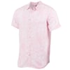 Light pink short-sleeve button-up shirt with a subtle tropical pattern.