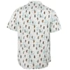 Short-sleeve shirt with a pattern of small figures and blue abstract shapes on a white background, viewed from the back.