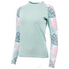 Light green long-sleeve rash guard with tropical leaf patterns on sleeves.