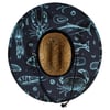 Wide-brimmed straw hat with black fabric featuring blue nautical illustrations of marine life like lobsters, crabs, and fish.