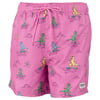 Pink swim trunks with a drawstring, featuring a pattern of cartoon dinosaurs surfing waves.