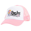 Pink and white trucker hat with Ron Jon Surf Shop logo, featuring a toucan and flowers, and a pink mesh back.
