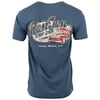 Back view of a blue t-shirt featuring Ron Jon Surf Shop text, a vintage car graphic, and Cocoa Beach, Fla printed on the back.