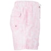 Pink swim shorts with a subtle tropical print, featuring an elastic waistband, drawstring, and a side pocket with a button closure.