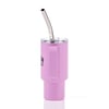 A pink insulated travel mug with a lid and a stainless steel straw, featuring a handle and a logo.