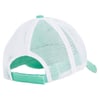 Back view of a teal and white mesh baseball cap with an adjustable strap and a curved brim.