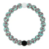 A round bracelet with light blue beads featuring Ron Jon Surf Shop logos and one white and one black bead.