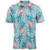 A short-sleeve polo shirt featuring a tropical pattern with red pineapples, blue palm leaves, and pink flowers on a light green background.