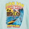 Illustration of a skeleton surfing in tropical attire with Ron Jon Surf Shop and Rip Curl text. Background features a wooden pier and stylized waves under a sunset sky.