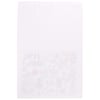 White waffle-weave dish towel with faint colorful illustrations of various beach-themed items like dolphins, ice cream cones, and flamingos.