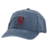 A blue baseball cap with a red embroidered lobster design on the front.