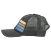 Side view of a dark green mesh trucker hat with multicolored striped design on the front panel.