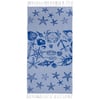 A blue beach towel with white fringe, featuring dark blue illustrations of seashells, starfish, crabs, an anchor, and Ron Jon Surf Shop text in the center.