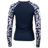 Navy long-sleeve top with colorful floral patterns on the sleeves, viewed from the back.