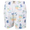 White swim shorts with colorful tropical graphics, including palm trees, pineapples, and words like Hawaii, California, and Laguna Beach.