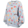 A blue-colored sweatshirt with an all-over print of summer-themed items, including flamingos, watermelons, shells, sunglasses, hats, oranges, and umbrellas.