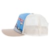 Side view of a beige and white mesh trucker hat with a colorful printed patch depicting a pier and a sign that reads CANAVERAL PIER on the front panel.