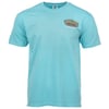 A plain turquoise-colored short sleeve t-shirt with a small multicolored graphic logo on the left chest.