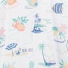 A white fabric with colorful travel-themed illustrations featuring locations like Malibu, Hawaii, and Florida, and images of oranges, pineapples, palm trees, and flamingos.