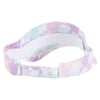 A white visor cap with adjustable strap, featuring a colorful turtle print in pastel shades.