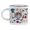 White ceramic mug featuring colorful surf-themed doodles and illustrations, including a Ron Jon Surf Shop logo, flowers, fish, sunglasses, and beach items.