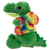 Green plush alligator toy wearing a colorful tie-dye hoodie, sitting upright and facing to the left.