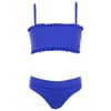 Blue two-piece bikini with a ruffled bandeau top and matching high-cut bottoms, on a plain white background.