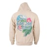 Sand colored hoodie with a large Ron Jon Surf Shop Myrtle Beach logo on the back, featuring a wave, hibiscus flowers, and palm leaves in blue, pink, and green.