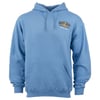 Blue hoodie with a Ron Jon Myrtle Beach logo on the chest, featuring a front pocket and drawstrings.