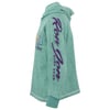 Green hooded sweatshirt with Ron Jon Surf Shop written in purple on the sleeve. The chest features a graphic of surfboards.