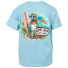 Light blue T-shirt featuring a parrot wearing sunglasses, a lei, and holding a surfboard, with text Ron Jon Surf Shop against a tropical background.
