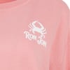 Close-up of a pink sweater featuring a white graphic of a crab above the text RON JON.