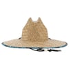 A wide-brimmed straw hat with a woven pattern, blue trim on the brim edge, and an adjustable black chin cord with a white bead.