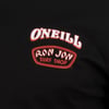 Close-up of a black fabric featuring red and white logos for ONEILL and Ron Jon Surf Shop.
