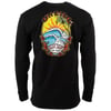 Black long-sleeve shirt featuring a colorful surf-themed graphic with waves, a sunset, and palm trees, accompanied by the text ONeill and Ron Jon Surf Shop.