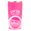 A pink Ron Jon Surf Shop tumbler with embossed turtle designs and a clear plastic lid placed in front of it.