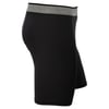 Black sports shorts with a gray elastic waistband, shown from the side.