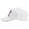 A white baseball cap with an adjustable strap and a patch featuring text on the front, shown in a side profile view.