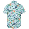 Short-sleeved Hawaiian shirt with a scenic ocean pattern, featuring waves, palm trees, and orange flowers on a light teal background.