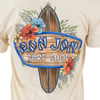 Back of a beige shirt with a surfboard design, featuring the text Ron Jon Surf Shop and colorful hibiscus flowers.